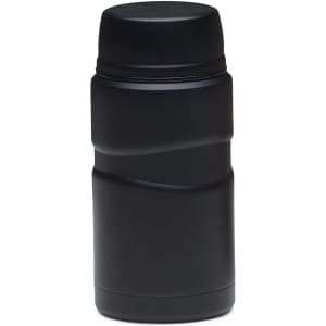 A black food jar with a smooth, contoured design and a screw-on lid. It features a small logo.