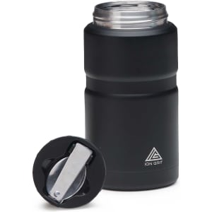 A food jar in matte black with a silver lid and a removable opening mechanism, featuring a logo.