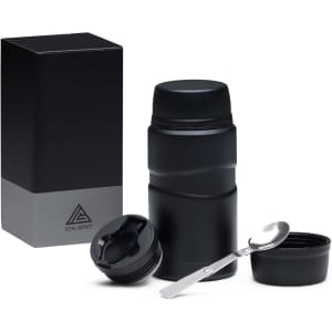 A drink bottle in matte black with a removable lid, inner container, and a metal spoon, placed beside a box.
