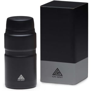 A black food jar with a lid, displayed next to a black packaging box featuring a logo.