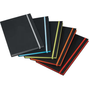 A collection of Colour Pop JournalBooks in black with coloured elastic bands in blue, green, orange, and red.
