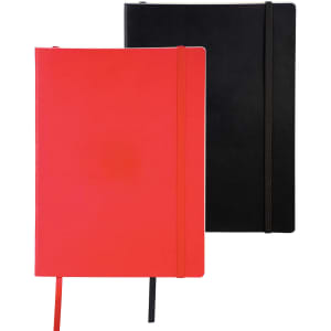 A red and a black large soft bound journal with elastic closures and ribbon bookmarks. Each features a logo.
