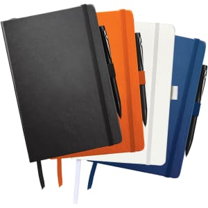 A set of Nova Bound JournalBooks in black, orange, white, and navy, each with a matching pen included.