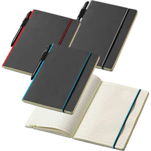 A collection of Cuppia Notebooks in black with red and turquoise accents, featuring lined pages and a pen.