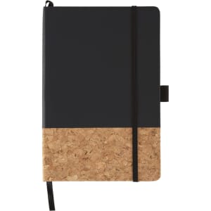 A black hard-bound journal with a cork bottom and an elastic closure, featuring a logo.