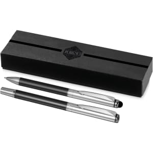A black pen set featuring a ballpoint pen and stylus, presented in a sleek black box with a logo.
