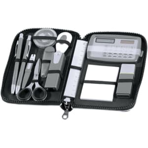 A grey Oxford Stationery Set in a zippered case, featuring pens, scissors, a calculator, and notepads.