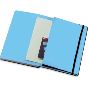 A blue notebook with a black elastic band, featuring an inner pocket and a card holder.