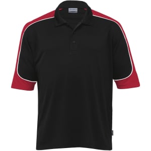 A black polo shirt with red accents and a logo on the chest. Short sleeves and a classic collar design.