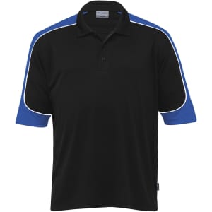 A black polo shirt with blue sleeves and a white trim, featuring a logo on the chest.