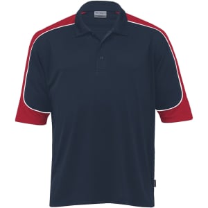 A navy polo shirt with red shoulders and white piping, featuring a logo on the front.