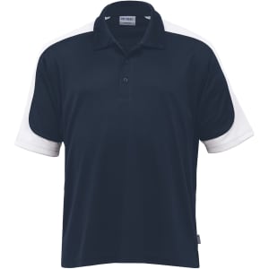 A navy polo shirt with white sleeves, featuring a collar and a logo. Perfect for casual or sporting occasions.