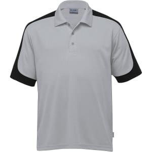 A grey polo shirt with black sleeves, featuring a collar and a logo on the front.