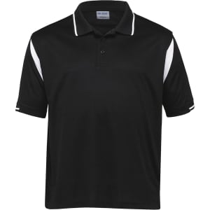 A black polo shirt featuring white accents and a logo on the chest. Short-sleeved design with a classic collar.