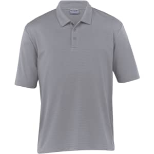 A grey men's polo shirt featuring a collar, short sleeves, and a logo. Suitable for casual wear.