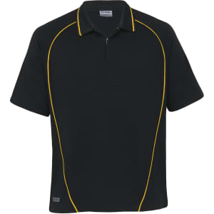 A black polo shirt with yellow piping and a zippered collar, featuring a logo on the front.