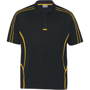 A black polo shirt featuring yellow accents along the sides and collar, with a logo present.