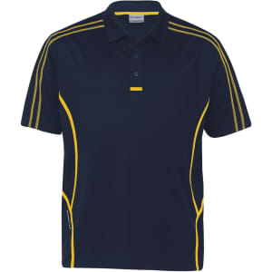 A navy polo shirt with yellow accents and stripes, featuring a collar and a logo on the side.