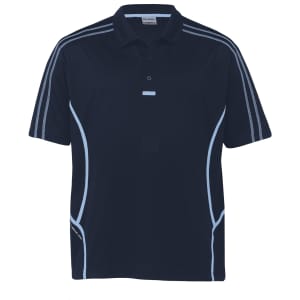 A navy polo shirt featuring contrasting light blue stripes and a logo on the side.