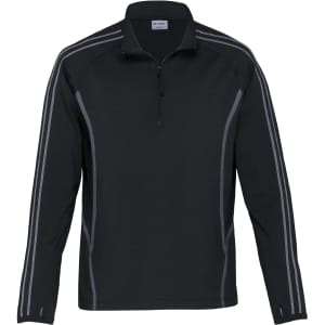 A black pullover jacket with a quarter zip and grey stripe details, featuring a logo on the chest.