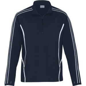A navy pullover jacket with a quarter zip and white stripe detailing on the sleeves. Features a logo.