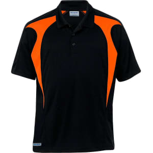 A black polo shirt with orange spliced detailing and a collar. It features a logo on the front.