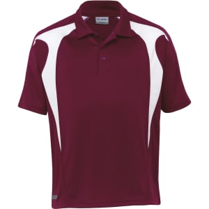 A maroon polo shirt featuring white spliced accents and a logo on the chest. Short-sleeved design.