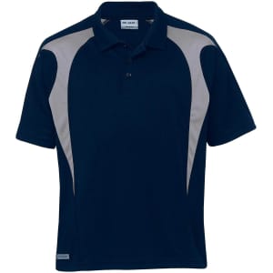 A navy blue polo shirt with grey spliced panels and a small logo on the side.