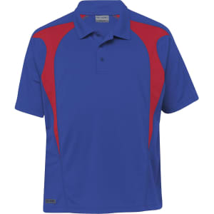 A blue polo shirt with red spliced details and a logo on the side. Short sleeves and a collared design.