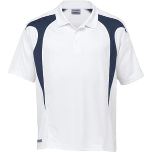 A white polo shirt with navy spliced detailing and a logo on the chest. Suitable for casual or athletic wear.