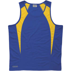 A blue and yellow singlet with a logo, featuring a spliced design and a sleeveless cut.
