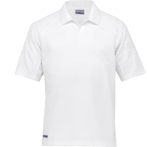 A white polo shirt with short sleeves, featuring a collar and a small logo on the hem.