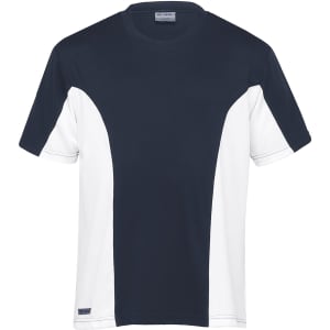 A navy and white men's short-sleeve t-shirt featuring a logo, designed for active wear.