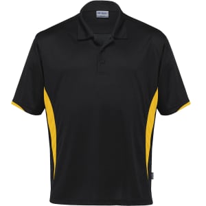 A black polo shirt with yellow side panels and a collar. Includes a logo on the chest.