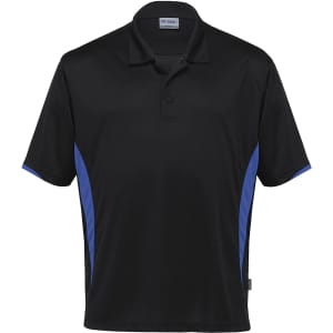 A black polo shirt with blue side panels and a collar, featuring a logo on the upper left side.