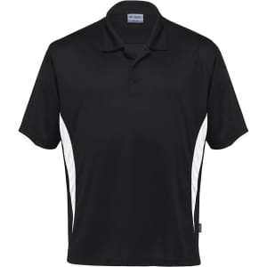 A black polo shirt with white side accents and a collar. Features a logo on the chest area.