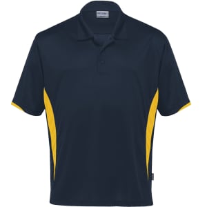 A navy blue polo shirt with yellow side panels and a branding logo on the collar.