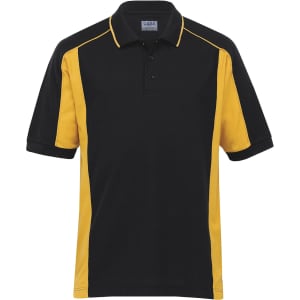 A black and yellow men's polo shirt featuring contrast side panels and a collar. It includes a logo.