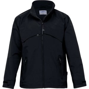 A black soft shell jacket with a zip front, featuring a high collar and two side pockets. It has a logo on it.