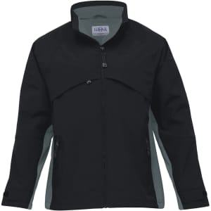 A black and grey soft shell jacket with a zip front and side pockets, featuring a logo on the upper chest.