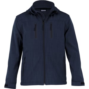 A navy blue soft shell jacket with a hood, featuring multiple zippered pockets and a logo.