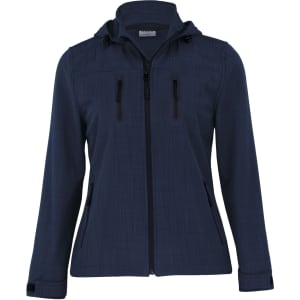 A navy blue soft shell jacket featuring a hood, zippered pockets, and a branded logo.