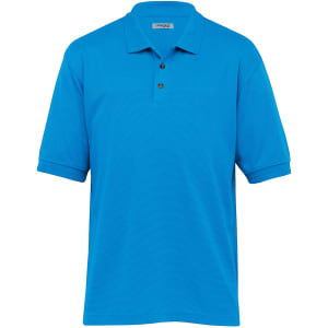 A blue Jacquard Ottoman Balmoral polo shirt for men with a collar and three buttons, featuring a logo.