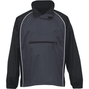 A black Nylon Jac Pac jacket featuring a half-zip front and elastic cuffs, with a small zippered pocket on the front.