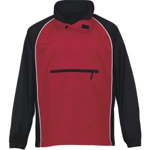 A red and black nylon jacket featuring a half-zip front and a zippered chest pocket. It has a logo on it.