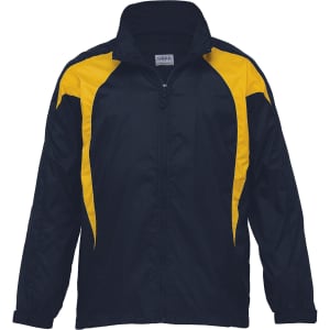 A navy jacket with yellow accents and a zip front, featuring a logo. Suitable for casual wear or outdoor activities.