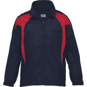 A black jacket with red panels on the shoulders and sides, featuring a zipper and a logo on the chest.