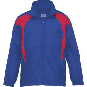 A blue jacket featuring red accents and a logo on the chest. It has a zip closure and a collar.