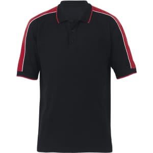 A black polo shirt featuring red shoulder stripes and a collar, with a logo on the front.