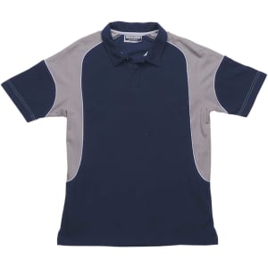 A navy and grey polo shirt featuring a logo, with a classic collar and short sleeves.
